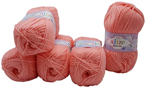 5 x 100g Strickwolle Alize Bebe einfarbig, 500 Gramm Wolle zum Stricken und Häkeln (rosa 517) von Alize Sekerim Bebe