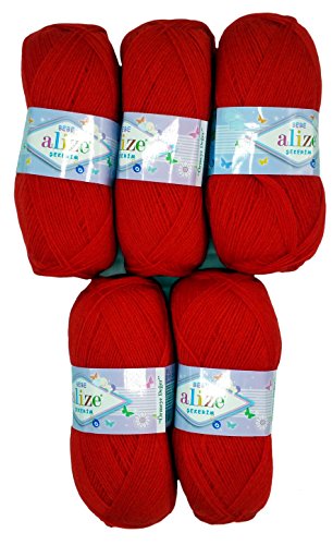 5 x 100g Strickwolle Alize Bebe einfarbig, 500 Gramm Wolle zum Stricken und Häkeln (rot 56) von Alize Sekerim Bebe