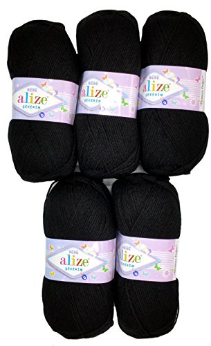 5 x 100g Strickwolle Alize Bebe einfarbig, 500 Gramm Wolle zum Stricken und Häkeln (schwarz 60) von Alize Sekerim Bebe