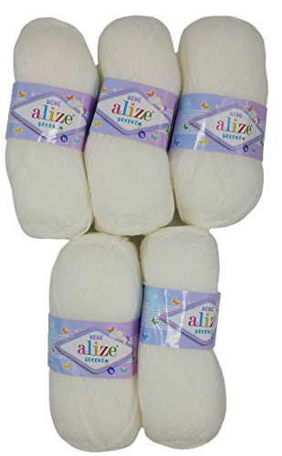 Alize Bebe 5 x 100 Gramm Wolle Uni Farbe, 500 Gramm Strickwolle, Strickwolle und Häkeln (weiß 55) von Aireacon