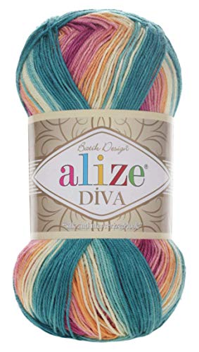 100 % Mikrofaser-Garn Alize Diva, Batik, Seideneffekt, Häkelgarn, Handstricken, türkisches Garn, Kunst, 400 g, Farbverlauf 4572 von Alize