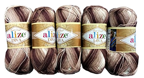 5 x 100 Gramm Alize Batik Wolle mehrfarbig mit Farbverlauf, 500 Gramm merzerisierte Strickwolle Microfiber-Acryl (braun beige weiß 1815) von Alize