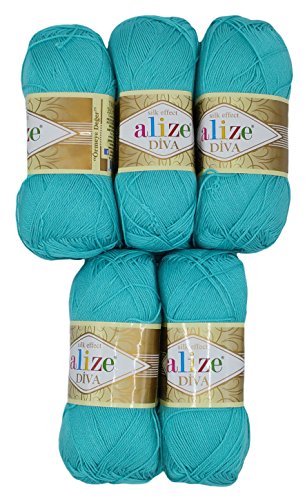 5 x 100 Gramm Wolle Diva Batik einfarbig, 500 Gramm merzerisierte Strickwolle microfiber-Acryl (blaugrün 376) von Alize