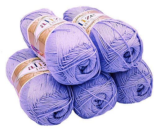 5 x 100 Gramm Wolle Diva Batik einfarbig, 500 Gramm merzerisierte Strickwolle microfiber-Acryl (flieder 158) von Alize