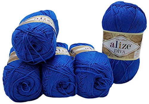 5 x 100 Gramm Wolle Diva einfarbig, 500 Gramm merzerisierte Strickwolle microfiber-Acryl (blau 132) von Alize
