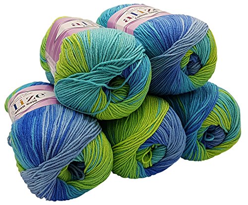 5 x 100g Strickwolle Alize Cotton gold mit 55% Baumwolle, 500 Gramm Wolle mit Farbverlauf mehrfarbig (blau mint grün 4146) von Alize