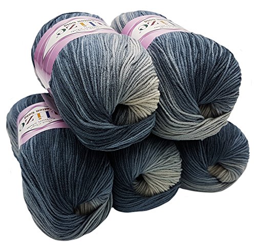 5 x 100g Strickwolle Alize Cotton gold mit 55% Baumwolle, 500 Gramm Wolle mit Farbverlauf mehrfarbig (schwarz grau weiß 2905) von Alize