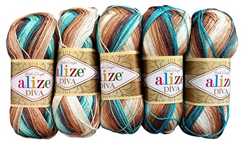 Alize 5 x 100 Gramm Batik Wolle Mehrfarbig mit Farbverlauf, 500 Gramm merzerisierte Strickwolle Microfiber-Acryl (grün Mint Creme u.a. 4603) von Alize