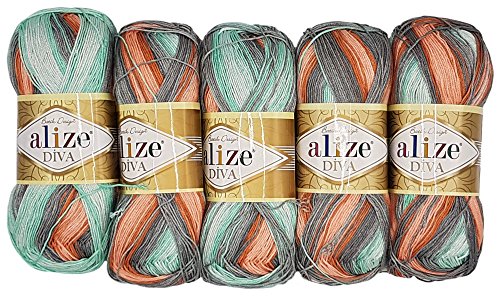 Alize 5 x 100 Gramm Diva Batik Wolle Mehrfarbig mit Farbverlauf, 500 Gramm merzerisierte Strickwolle Microfiber-Acryl (lachs grau Mint 5550) von Alize