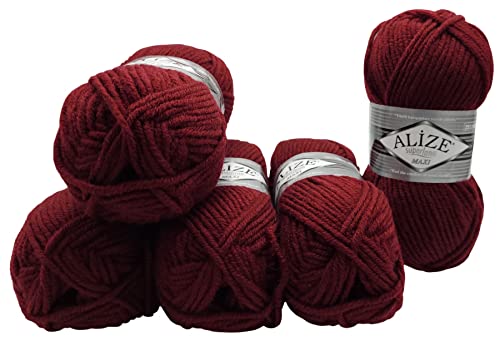 Alize 5 x 100 Gramm Superlana Maxi Wolle, 500 Gramm Strickwolle 75% Acryl 25% Wolle (bordeaux 57) von Alize