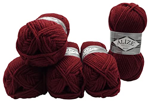 Alize 5 x 100 Gramm Superlana Maxi Wolle, 500 Gramm Strickwolle 75% Acryl 25% Wolle (bordeaux 57) von Alize