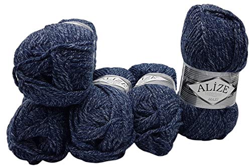 Alize 5 x 100 Gramm Superlana Maxi Wolle, 500 Gramm Strickwolle 75% Acryl 25% Wolle (d. blau meliert 805) von Alize