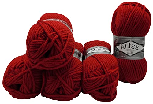 Alize 5 x 100 Gramm Superlana Maxi Wolle, 500 Gramm Strickwolle 75% Acryl 25% Wolle (rot 56) von ORTCI