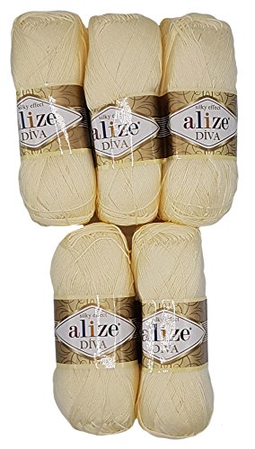 Alize 5 x 100 Gramm Wolle Diva Batik einfarbig, 500 Gramm merzerisierte Strickwolle Microfiber-Acryl (Creme 01) von Alize
