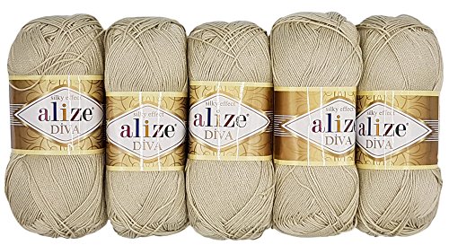 Alize 5 x 100 Gramm Wolle Diva Batik einfarbig, 500 Gramm merzerisierte Strickwolle Microfiber-Acryl (Sand 383) von Alize