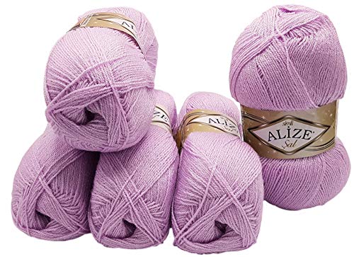 Alize 5 x 100 g Glitzerwolle SAL zum Stricken und Häkeln, 500 Gramm Metallic-Wolle (flieder 27) von veeu