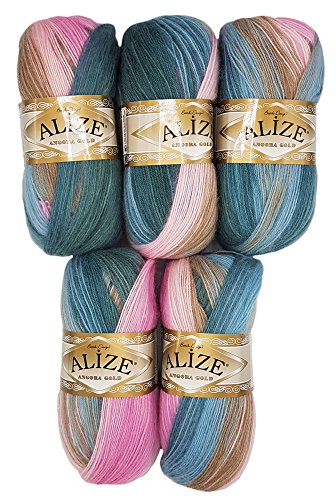 Alize 5 x 100 g Strickwolle Mehrfarbig mit Farbverlauf, 500 Gramm Strickgarn mit 20% Wolle-Anteil (rosa beige petrol 2970) von Alize