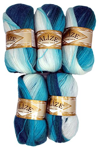 Alize 5 x 100 g Strickwolle mehrfarbig mit Farbverlauf, 500 Gramm Strickgarn mit 20% Wolle-Anteil (Petrol türkis weiß 1892) von Alize