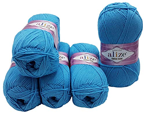 Alize 5 x 100g Strickwolle Cotton Gold mit 55% Baumwolle, 500 Gramm Wolle einfarbig (türkis 287) von ORTCI