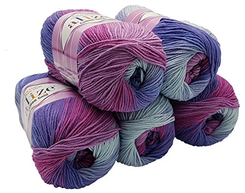 Alize 5 x 100g Strickwolle Cotton Gold mit 55% Baumwolle, 500 Gramm Wolle mit Farbverlauf Mehrfarbig (Beere lila grau 3686) von Alize