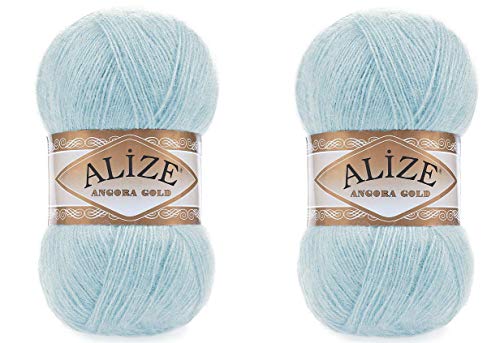 Alize Angora Gold Garn - 20% Wolle, 80% Acryl, Weiches Lace-Handstrickgarn, Häkeln, 2 Stück, 200g, 1204 Yds, Türkisches Garn (114 Hellblau) von Alize