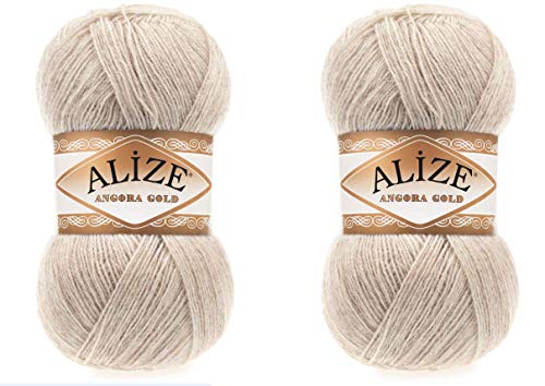 Alize Angora Gold Garn, 20% Wolle, 80% Acryl, weiches Garn, Häkeln, Lot von 2 Stück, 200 g, 1204 Yds Lace-Handstrickgarn, türkisches Garn (152 Beige Melange) von Alize