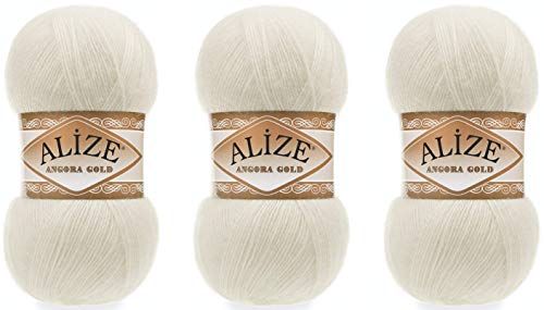 Alize Angora Goldgarn, 20 % Wolle, 80 % Acryl, 3 Skn, 300 g, 1805 Yds Faden, Häkelspitze, Handstricken, türkisches Garn (1 Stück), cremefarben von Alize