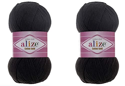 Alize Baumwollgarn, 55 % Baumwolle, 45 % Acryl, Häkelgarn, Handstricken, Kunst, 2 Knäuel, 200 g, 722 m (60-schwarz) von Alize