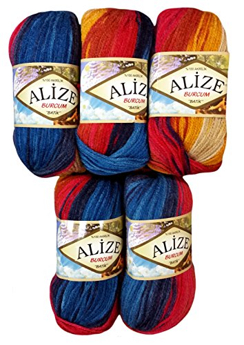 Alize Burcum Batik 5 x 100 Gramm Wolle Mehrfarbig mit Farbverlauf, 500 Gramm Strickwolle (blau rot gelb u.a. 4340) von Alize