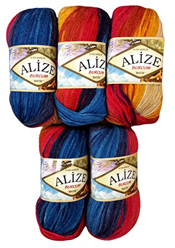 Alize Burcum Batik 5 x 100 Gramm Wolle Mehrfarbig mit Farbverlauf, 500 Gramm Strickwolle (blau rot gelb u.a. 4340) von Alize Burcum Batik