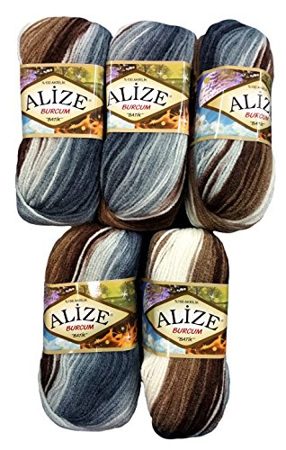 Alize Burcum Batik 5 x 100 Gramm Wolle Mehrfarbig mit Farbverlauf, 500 Gramm Strickwolle (braun beige grau weiß 5742) von Alize Burcum Batik
