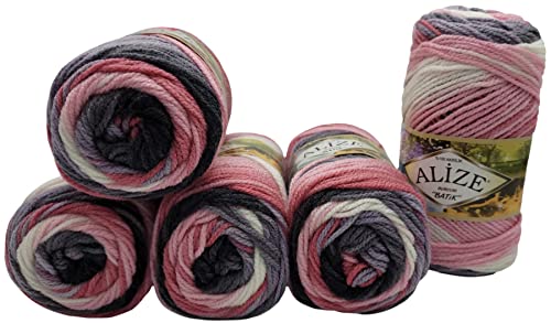 Alize Burcum Batik 5 x 100 Gramm Wolle Mehrfarbig mit Farbverlauf, 500 Gramm Strickwolle (dunkelblau lila rosa u.a. 1602) von Alize Burcum Batik