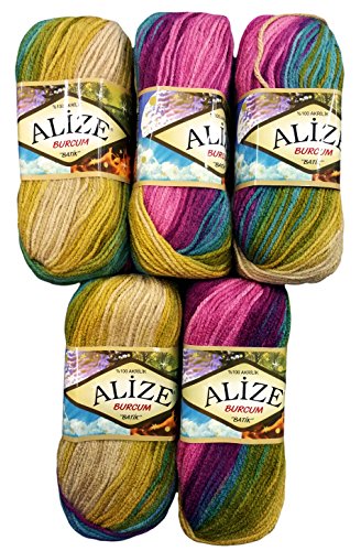 Alize Burcum Batik 5 x 100 Gramm Wolle Mehrfarbig mit Farbverlauf, 500 Gramm Strickwolle (lila flieder grün beige 4341) von Alize