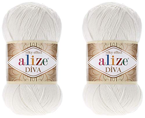 Alize Diva Garn, Handstrickgarn, 100 % Mikrofaser, Acryl, Seideneffekt, Häkelgarn, Kunst, Spitzenhandwerk, 2 Knäuel, 200 g, 450 m, Perlmutt von Alize