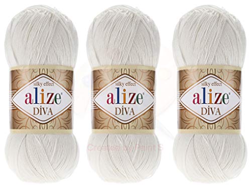 Alize Diva-Garn, Handstrickgarn, 100 % Mikrofaser, Acrylgarn, Alize Diva, Seideneffekt, Häkeln, Kunst, Spitze, Handwerk, Lot von 3 Knäueln, 400 g, 1300 m, Farbe (450 – Perle) von Alize