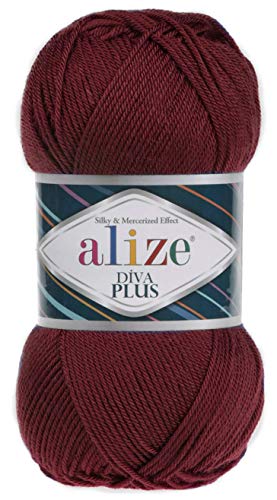 Alize Diva Plus Häkelgarn, 100 % Mikrofaser, Acryl, Seide, merzerisiert, 3 DK & leichtes Kammgarn, 4 Knäuel, 400 g, Farbe 57 – Bordeauxfarben von alize