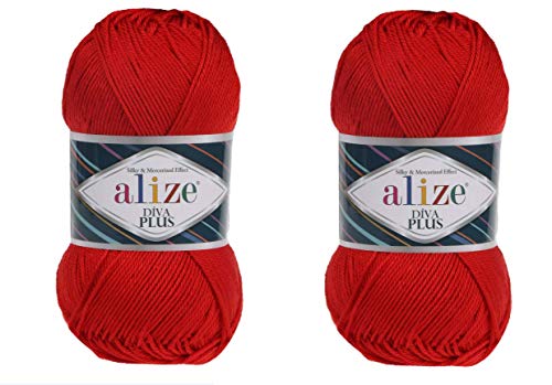 Alize Diva Plus Seiden- und Mercerized-Effekt, 100 % Mikrofaser-Acryl, 3 DK & leichtes Kammgarn, 2 Knäuel, 200 g, 56 Rot Alize Diva Plus Seiden- und Mercerized-Effekt, 100 % Mikrofaser-Acryl, 3 DK & leichtes Kammgarn, 2 Knäuel, 200 g, 56 Rot von Alize