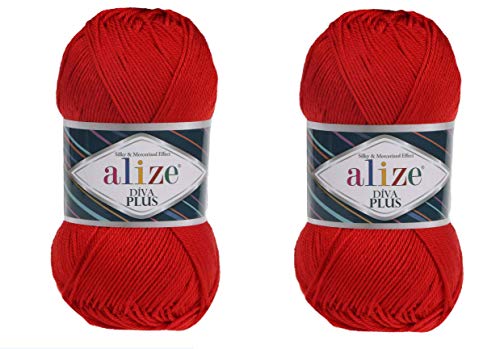 Alize Diva Plus Seiden- und Mercerized-Effekt, 100 % Mikrofaser-Acryl, 3 DK & leichtes Kammgarn, 2 Knäuel, 200 g, 56 Rot von Alize