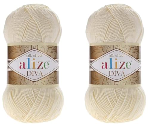 Alize Diva Yarn Handstrickgarn, 100 % Mikrofaser-Acrylgarn, Alize Diva, Seiden-Effekt, Häkelgarn, Kunst, Spitze, Basteln, 2 Knäuel, 200 g, 01-Cream von Alize