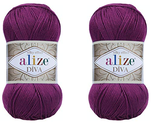 Alize Diva Yarn Handstrickgarn, 100 % Mikrofaser-Acrylgarn, Alize Diva, Seiden-Effekt, Häkelgarn, Kunst, Spitze, Basteln, 2 Knäuel, 200 g, 297 Yds (297-pflaumenfarben) von Alize