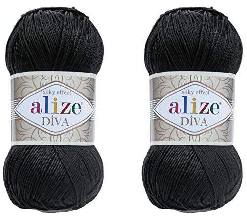 Alize Diva Yarn Handstrickgarn, 100 % Mikrofaser-Acrylgarn, Alize Diva, Seiden-Effekt, Häkelgarn, Kunst, Spitze, Basteln, 2 Knäuel, 200 g, 60-schwarz, 2 Knäuel Alize Diva Yarn Handstrickgarn, 100 % Mikrofaser-Acrylgarn, Alize Diva, Seiden-Effekt, Häkelgarn, Kunst, Spitze, Basteln, 2 Knäuel, 200 g, 60-schwarz, 2 Knäuel von Alize