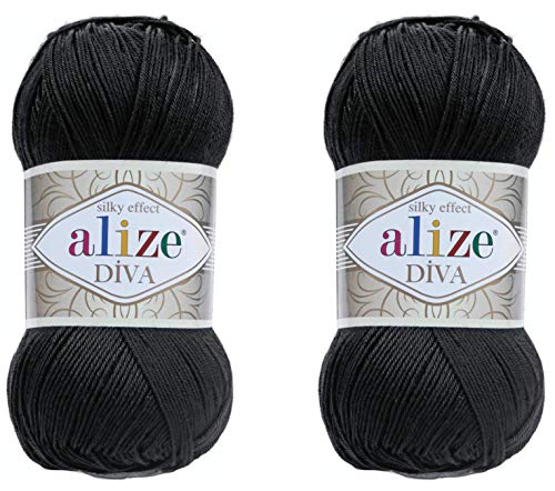 Alize Diva Yarn Handstrickgarn, 100 % Mikrofaser-Acrylgarn, Alize Diva, Seiden-Effekt, Häkelgarn, Kunst, Spitze, Basteln, 2 Knäuel, 200 g, 60-schwarz, 2 Knäuel von Alize