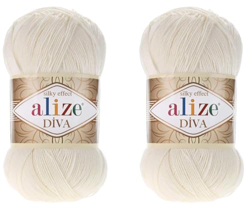 Alize Diva Yarn Handstrickgarn, 100 % Mikrofaser-Acrylgarn, Alize Diva, Seiden-Effekt, Häkelgarn, Kunst, Spitze, Basteln, 2 Knäuel, 200 g, 62 helle Cremefarben Alize Diva Yarn Handstrickgarn, 100 % Mikrofaser-Acrylgarn, Alize Diva, Seiden-Effekt, Häkelgarn, Kunst, Spitze, Basteln, 2 Knäuel, 200 g, 62 helle Cremefarben von Alize