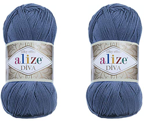 Alize Diva Yarn Handstrickgarn, 100 % Mikrofaser-Acrylgarn, Alize Diva, Seiden-Effekt, Häkelgarn, Kunst, Spitze, Basteln, 2 Knäuel, 200 g, 760 Yds (353-Indigo) von Alize