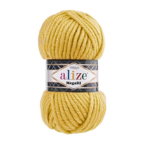 Alize Superlana Megafil Garn 3 Knäuel je Knäuel 100g 55m, 75% Acryl 25% Wolle, SuperBulky Garn - 488 dunkelgelb von Alize