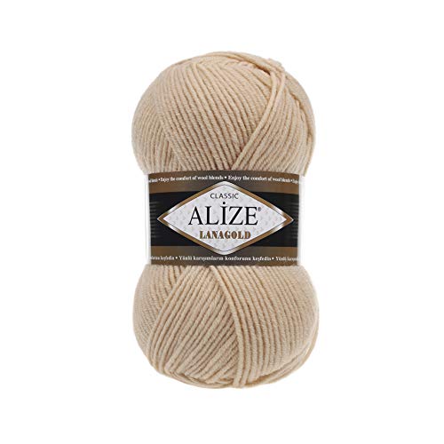Handstrickgarn Alize LanaGold zum Häkeln Stricken und Basteln, Wollmischung, warm, weich, natürlich, grob, handgewebt, Stricken, Häkeln, Strickwaren, Wolle, 4 Knäuel, 400 g, 1000 m, Farbe 680 Honig von Alize