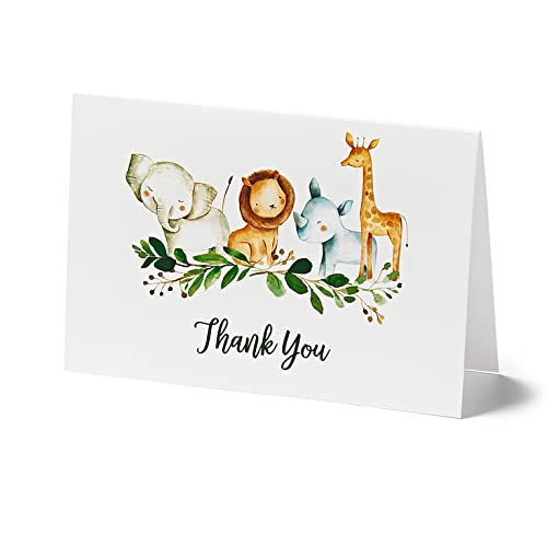 25 Safari-Dankeskarten mit Umschlägen (dicker Karton), Babyparty, Dschungelgrün, groß, 10 x 15 cm, Zooti, Giraffe, Löwe, Elefant, Dankbarkeit für Party, Mädchen, Jungen, Kindergeburtstag von All Ewired Up
