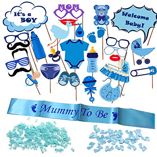 Allazone 30 Stück Babyparty Fotorequisiten Junge, Baby Shower Fotoaccessoires, Mummy to Be Satin Schärpe Babyparty Baby Shower Masken Foto Booth Props fur Baby Party (Blau) von Allazone