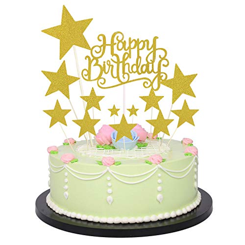 Allazone 1 Stück Gold Happy Birthday Cake Topper Gold Geburtstagstorte Dekoration und 12 Stück Gold Pentacle Stars Cake Topper Dekoration für Party Dekoration von Allazone