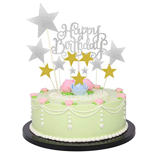 Allazone 1 Stück Silber Happy Birthday Cake Topper Silber Geburtstagstorte Dekoration und 12 Stück Pentacle Stars Cake Topper Dekoration für Party Dekoration von Allazone